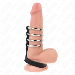 Obsenza - 4 anillos pene metal 3.8 cm conectados con correa de cuero 22 x 1.5 cm y cierre a presión - Image 1