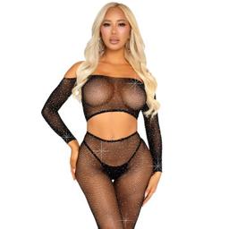 Obsenza - Elegant Rhinestone Fishnet Crop Top and Legging Set by Leg Avenue - OS - Image 1
