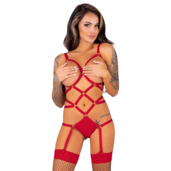 Obsenza - Thiara LC 20213 Sensual Body and Stockings Set by Livco Corsetti Fashion - Red - Image 1