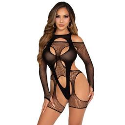 Obsenza - Bodystocking Résille avec Porte-Jarretelles et Harnais Noir - Élégance Sensuelle - TU - Image 1