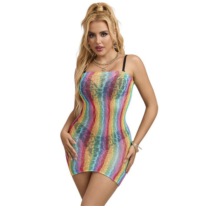 Obsenza - Vestido Fishnet Ombro a Ombro Rainbow Sublime para Momentos Únicos - OS - Image 1