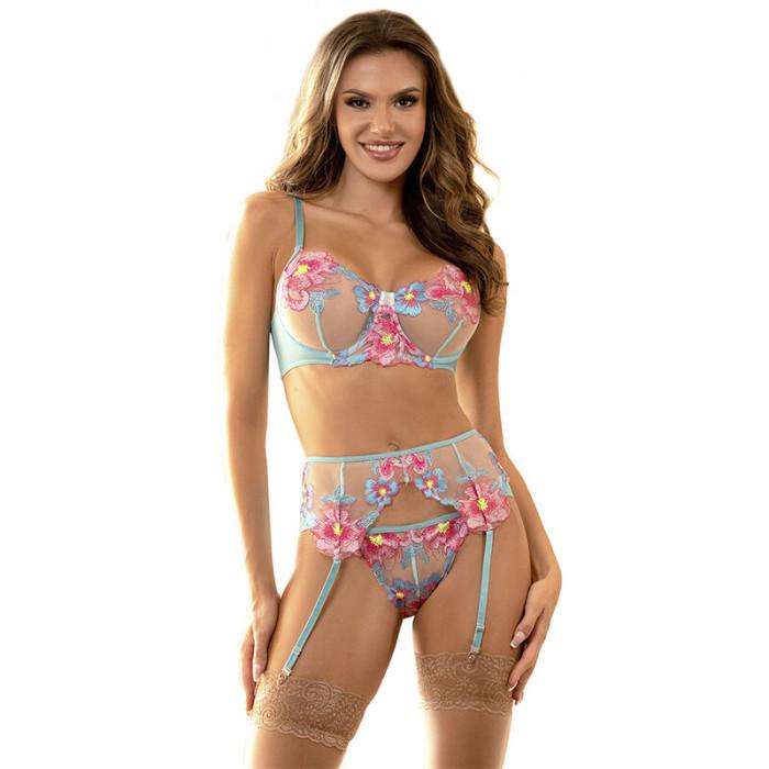 Obsenza - Sublime Floral Design Bra and Panties Set with Garter Belt - Light Blue - Image 1