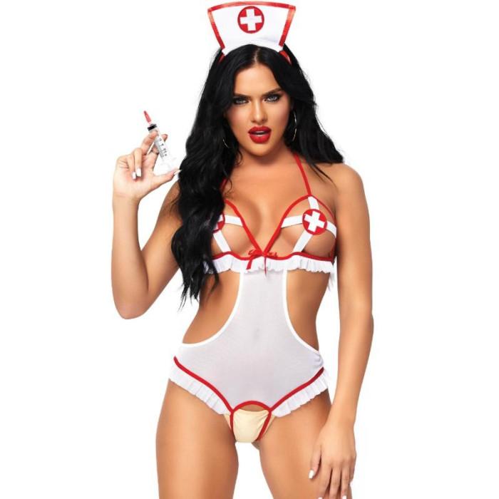 Obsenza - Leg Avenue Seductive Nurse Open Crothless Teddy with Matching Headband - OS - Image 1