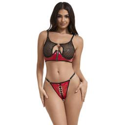 Obsenza - Conjunto de Sutiã de Couro Sintético com Zíper e Malha - SUBBLIME - Vermelho - Image 1