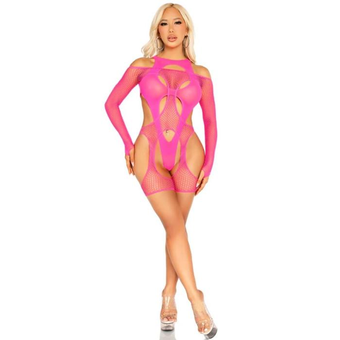 Obsenza - Bodystocking a Rete con Cintura e Imbracatura Neon by Leg Avenue - OS - Image 1
