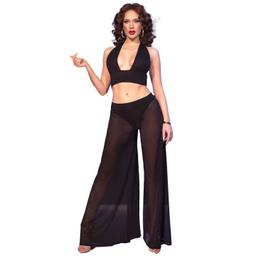 Obsenza - Chilirose Black Sheer Top and Wide-Leg Pants Set for Seductive Play - Image 1