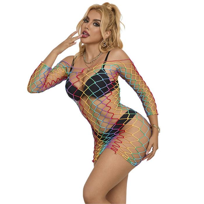 Obsenza - Vestido Fishnet Rainbow Manga Longa SUBBLIME para Mulheres Sedutoras - OS - Image 1