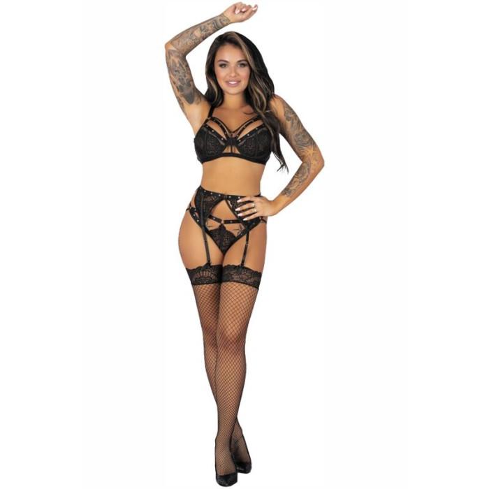 Obsenza - Ensemble Séduisant Livco Corsetti Fashion Pojzon LC 90670 Soutien-Gorge, Jarretière, Bas et Culotte - Noir - Image 1