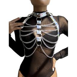 Obsenza - Sublime Silver Chest Harness with Rings and Chains - OS - Image 1
