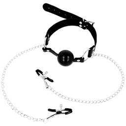 Obsenza - Ohmama Fetish Black Ball Gag with Nipple Clamps and Chains - Black - Image 1