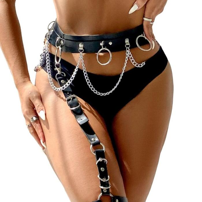 Obsenza - Sublime Black Leather Garter Belt and Harness with Rings and Chain Details - OS - Image 1