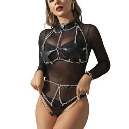 Obsenza - Sublime Black Leather Full Body Harness with Star Chain Detail - OS - Image 1