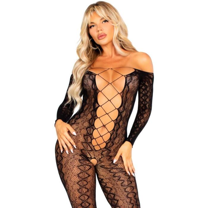 Obsenza - Bodystocking Sans Fourche en Dentelle Serpent Exotique Noire - TU - Image 1