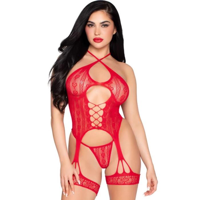 Obsenza - 89338 lace open bodysuit with garter belt + thong red - Image 1