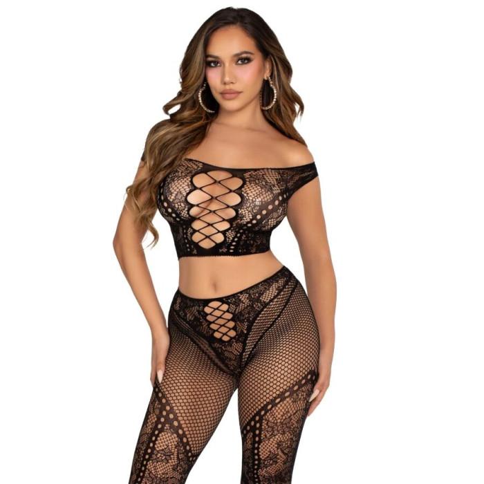 Obsenza - Crop top and fishnet legging with bare shoulders black - Image 1