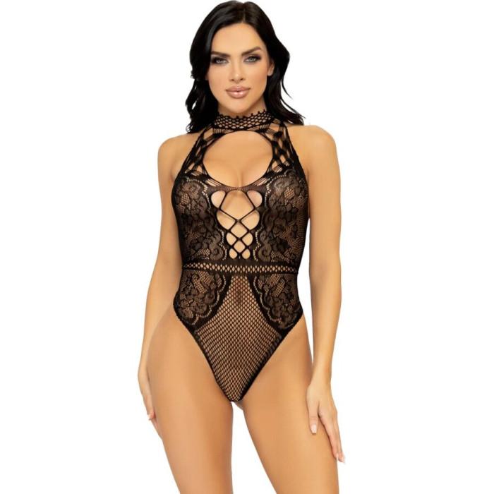 Obsenza - Net and lace keyhole halter bodysuit one size - Image 1