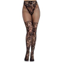 Obsenza - Elegant Black Dahlia Lace Stockings with Fishnet Detail by Leg Avenue - OS - Image 1