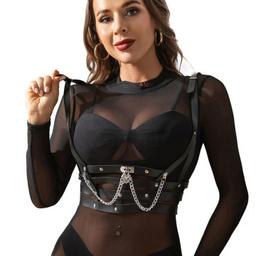 Obsenza - Sublime Black Leather Corset Harness with Chain Detail - OS - Image 1