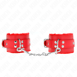 Obsenza - Appui-poignets doublés de fourrure rouge avec ceinture réglable pour BDSM et jeux de pouvoir - Rouge - Image 1