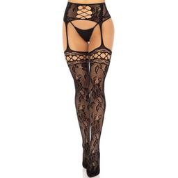 Obsenza - Elegant Floral Lace Garter Stockings with Attached Garter Belt - OS - Image 1