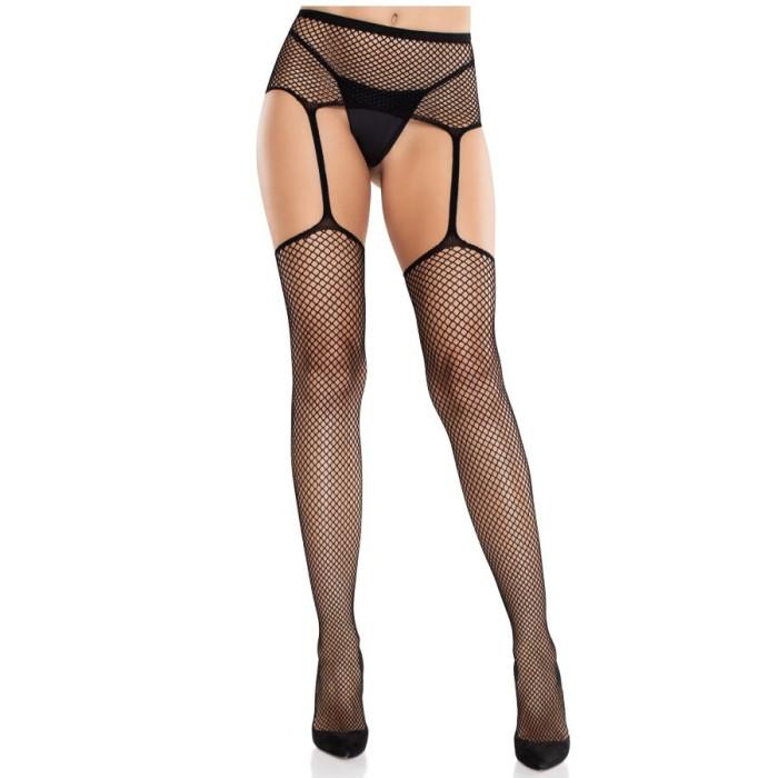 Obsenza - Elegant Black Lace Stockings with Cross and Garter Belt by Leg Avenue - OS - Image 1