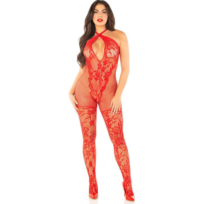 Obsenza - Bodystocking Floral Estampado de Malha Arrastão para Sedução - OS - Image 1