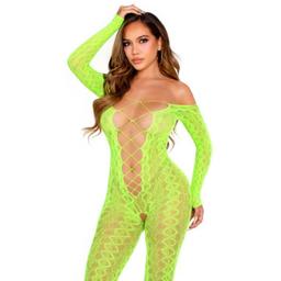 Obsenza - Bodystocking Senza Cavallo Exotic Snake Lace Neon Green Leg Avenue - OS - Image 1