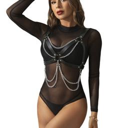 Obsenza - Sublime Black Leather Harness Bra with Chain Detail - OS - Image 1
