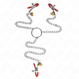 Obsenza - KINK Bell Triple Nipple and Clit Clamps with Chain 30 cm - Red - Image 1