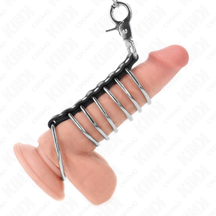 Obsenza - 7 metal penis rings 3.8 cm to 5 cm connected with leather and metal chain 100 cm - Image 1