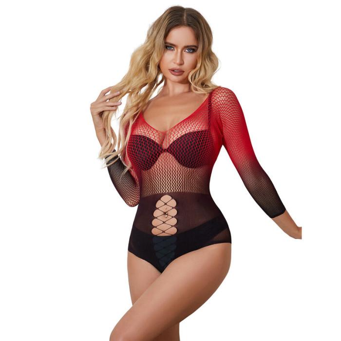 Obsenza - Sublime Red and Black Gradient Long Sleeve Fishnet Dress - Image 1