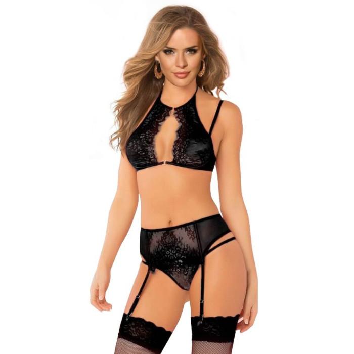 Obsenza - Elegant Queen Lingerie Set with Bra, Garter, and Thong for Unforgettable Nights - Black - Image 1