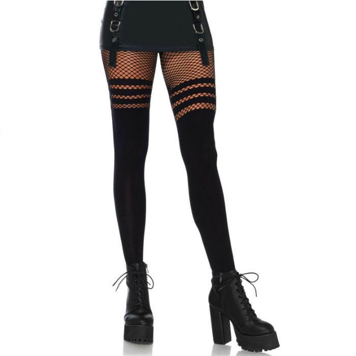 Obsenza - Seamless Striped Fishnet Thigh High Pantyhose by Leg Avenue - OS - Image 1