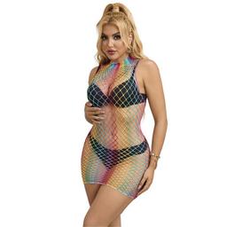 Obsenza - Rainbow High Neck Sleeveless Fishnet Dress by SUBBLIME - OS - Image 1