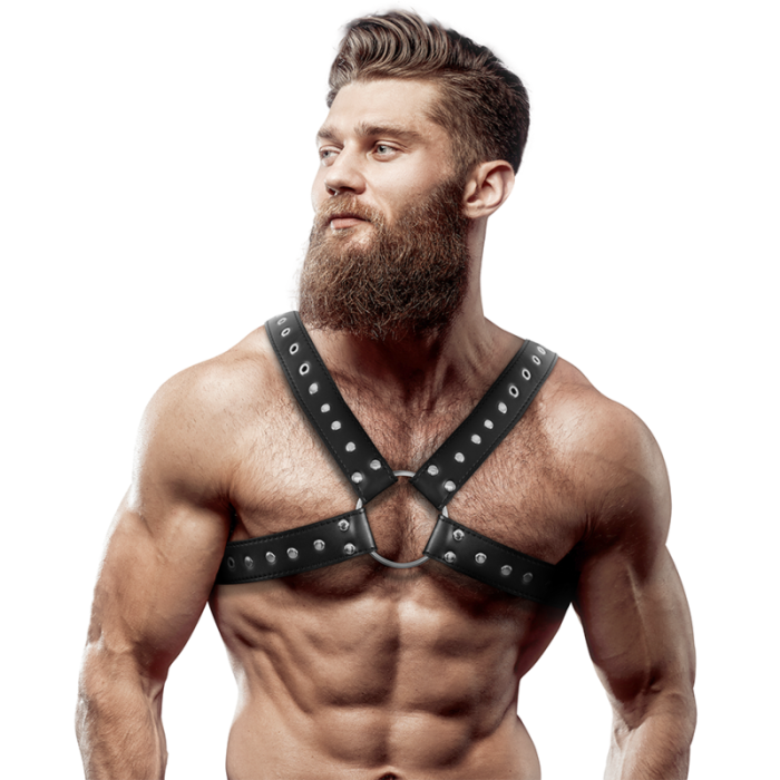 Obsenza - Men's Cross-Over Eco-Leather Chest Harness with Studs for Fetish and BDSM - OS - Image 1