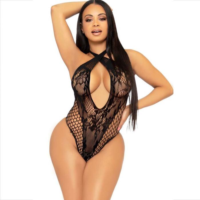 Obsenza - Leg Avenue Lace and Fishnet Crossover Halter Teddy - Image 1