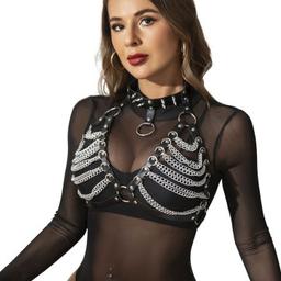 Obsenza - Sublime Leather Harness Bra with Chain Necklace and Collar - OS - Image 1