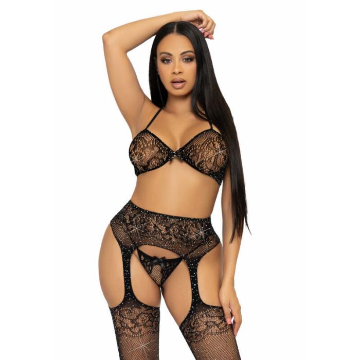 Obsenza - Ensemble Lingerie Sexy Trois Pièces Dentelle et Strass pour Femmes - TU - Image 1